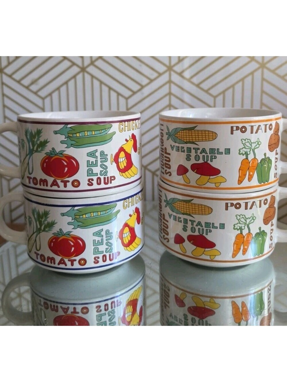 Vintage Ceramic Soup Mug/Bowl Vegetable Themed Pattern Round Set Of 4